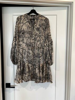 Neutral Botanical Tiered Long-Sleeve Dress